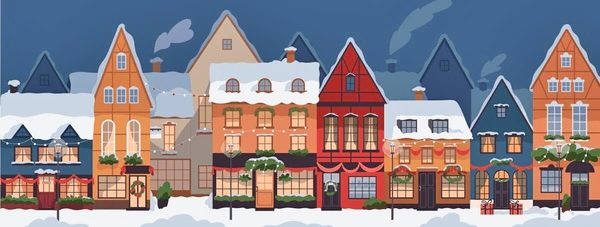 Snowy village street with colorful houses