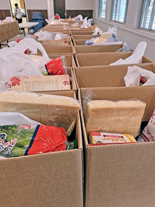Boxes of food for distribution in community center.