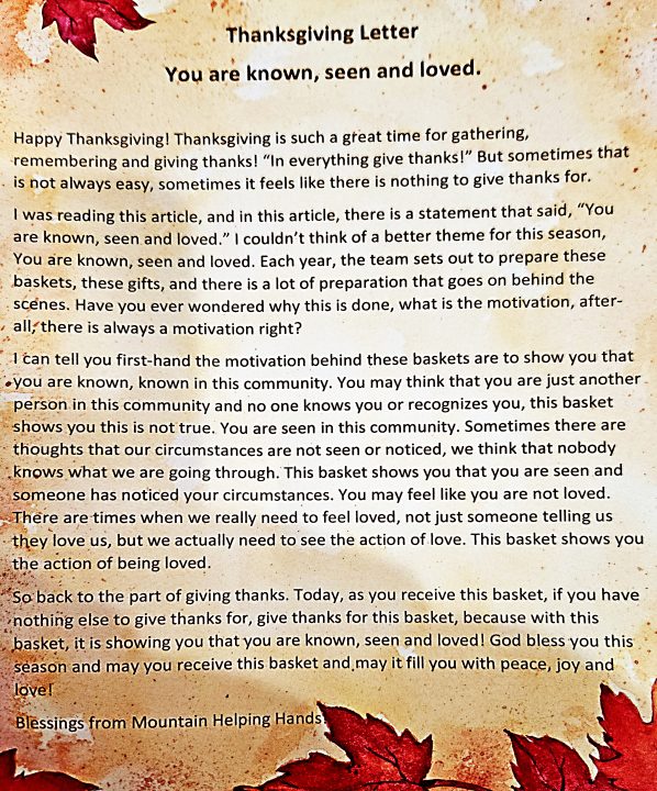 This Thanksgiving letter was included in the boxes. (Photo by Mary-Justine Lanyon)