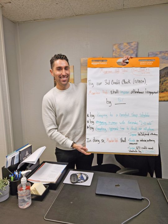 Man holding a large chart with improvement goals.