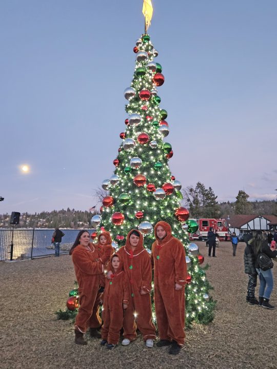 Family in costumes by decorated Christmas tree at park.