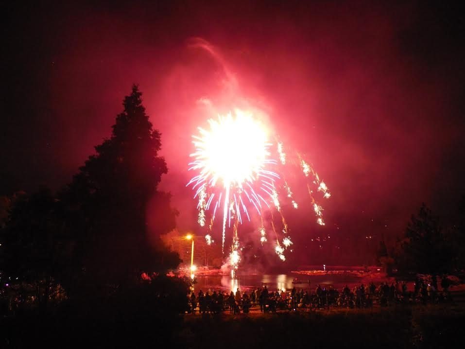 Red fireworks light up the night sky.