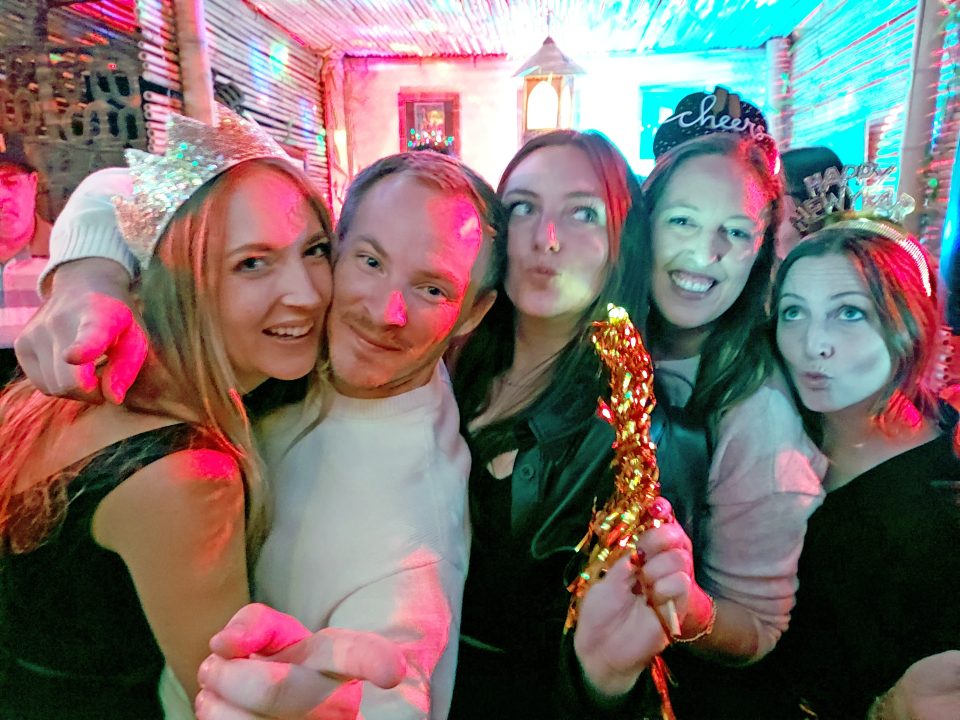 Adrianne, Lisa, Julia, Melissa and Adrianna from Glendora and Orange County enjoyed last year’s Brewfest at Tavern Bay Beach Club so much they couldn’t resist attending this year’s event. (Photos by Douglas W. Motley) Group celebrating New Year's Eve with party hats