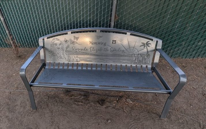 This metal bench in memory of Rose Smiley will be placed by Lake Gregory.