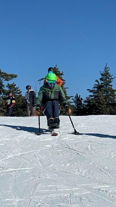 Adrianne, Lisa, Julia, Melissa and Adrianna from Glendora and Orange County enjoyed last year’s Brewfest at Tavern Bay Beach Club so much they couldn’t resist attending this year’s event. (Photos by Douglas W. Motley) Person skiing with adaptive equipment on snowy slope.