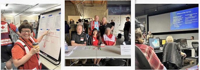 Red Cross volunteers in a busy emergency operations center.