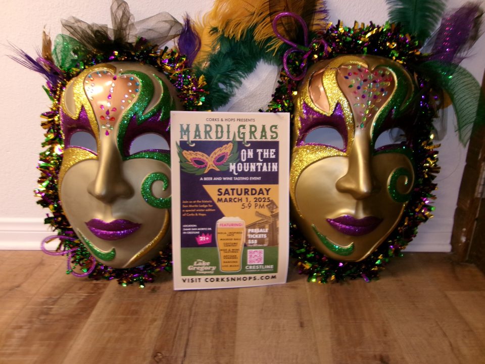Adrianne, Lisa, Julia, Melissa and Adrianna from Glendora and Orange County enjoyed last year’s Brewfest at Tavern Bay Beach Club so much they couldn’t resist attending this year’s event. (Photos by Douglas W. Motley) Mardi Gras masks with event flyer on wood floor.