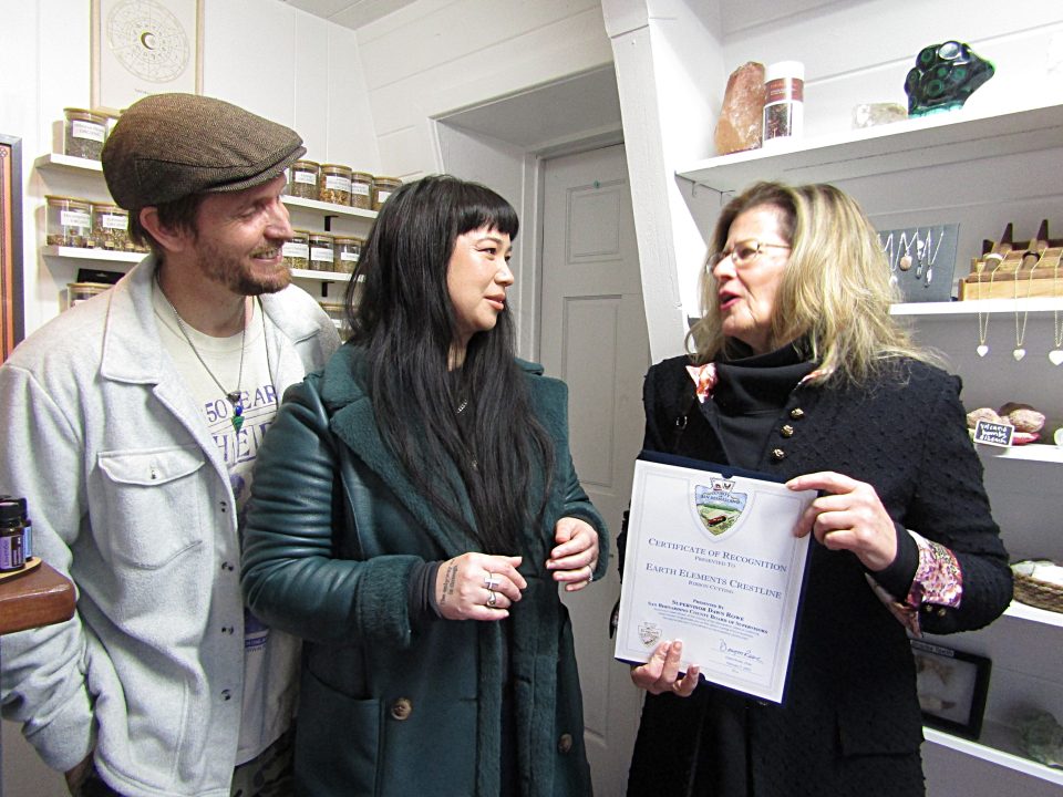 Adrianne, Lisa, Julia, Melissa and Adrianna from Glendora and Orange County enjoyed last year’s Brewfest at Tavern Bay Beach Club so much they couldn’t resist attending this year’s event. (Photos by Douglas W. Motley) Three people holding a certificate in a shop.