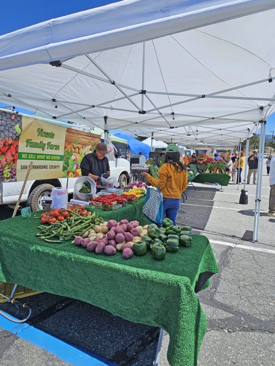 Farmers market with fresh vegetables on display.