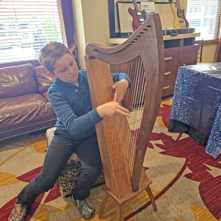 Child playing wooden harp in music store.