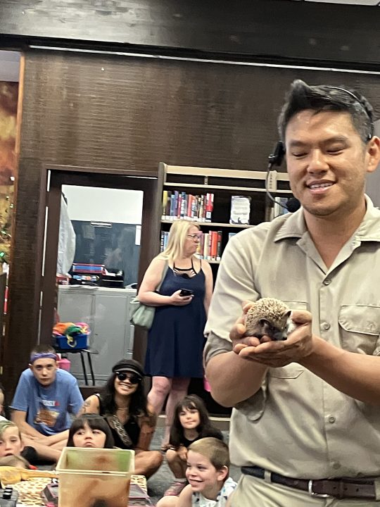 Adrianne, Lisa, Julia, Melissa and Adrianna from Glendora and Orange County enjoyed last year’s Brewfest at Tavern Bay Beach Club so much they couldn’t resist attending this year’s event. (Photos by Douglas W. Motley) Zookeeper presenting hedgehog to audience.