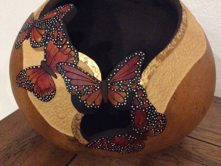 Adrianne, Lisa, Julia, Melissa and Adrianna from Glendora and Orange County enjoyed last year’s Brewfest at Tavern Bay Beach Club so much they couldn’t resist attending this year’s event. (Photos by Douglas W. Motley) Painted gourd with butterflies decoration
