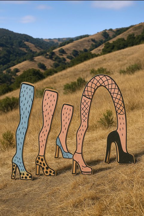Colorful leg sculptures in grassy landscape