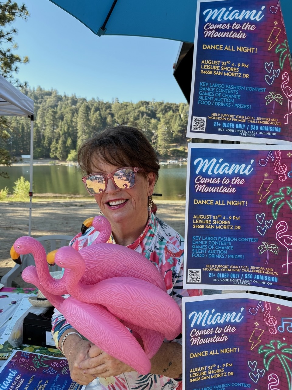 Adrianne, Lisa, Julia, Melissa and Adrianna from Glendora and Orange County enjoyed last year’s Brewfest at Tavern Bay Beach Club so much they couldn’t resist attending this year’s event. (Photos by Douglas W. Motley) Woman with flamingos, Miami event poster, outdoor scene.