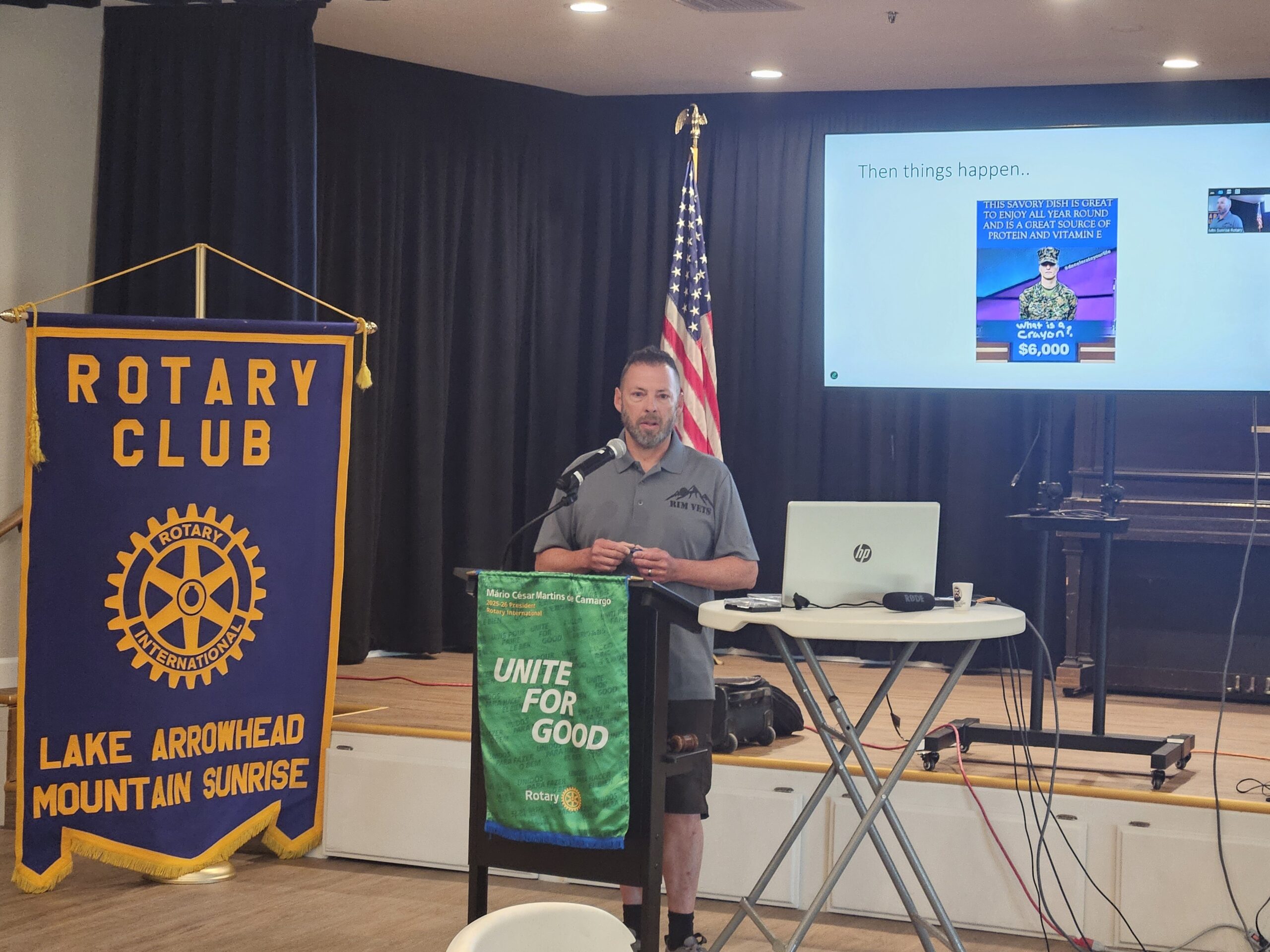 Speaker at Rotary Club meeting with presentation.
