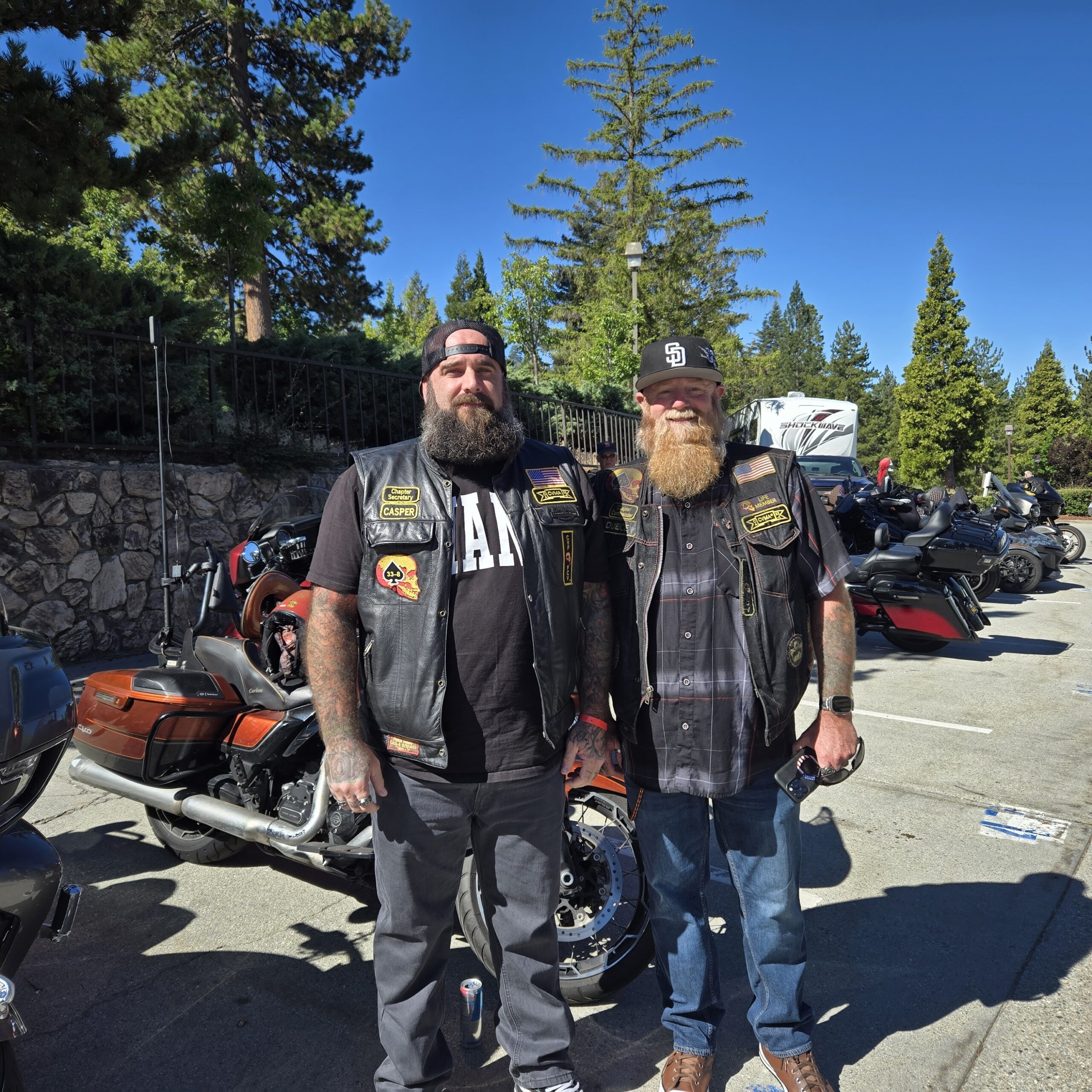 Two bikers standing near motorcycles in sunny parking lot.