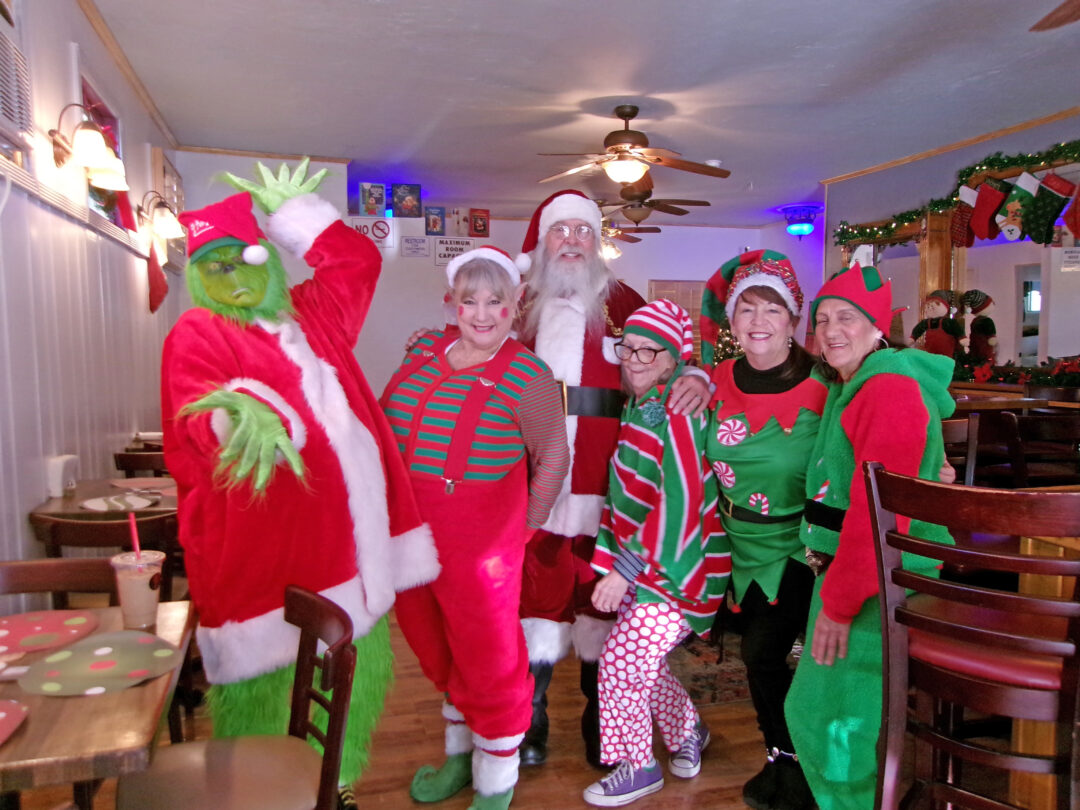 Group in festive Christmas costumes at a party.