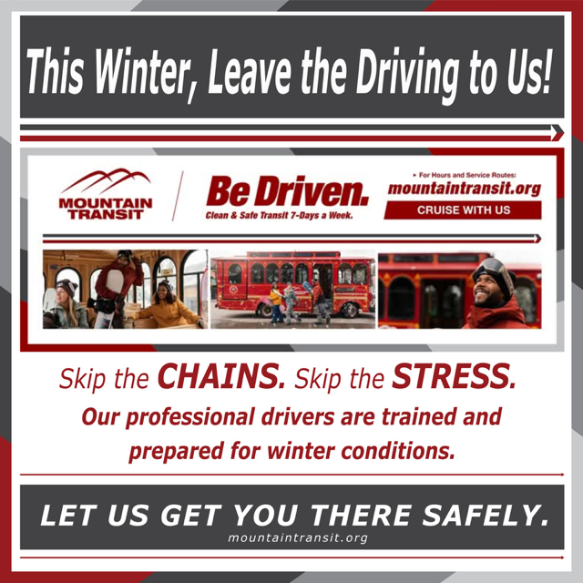 Mountain Transit winter driving service advertisement.