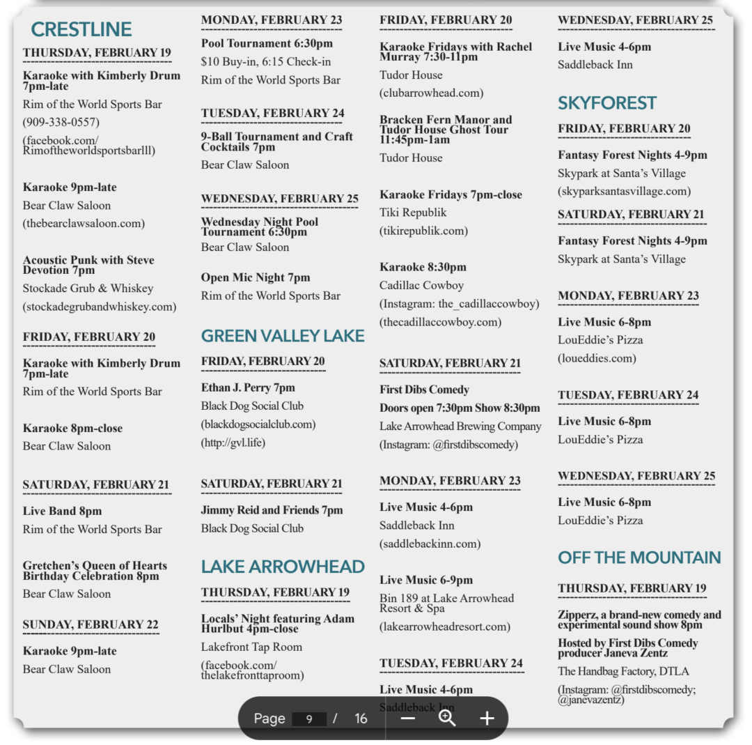Mountain Events,San Bernardino Mountains Events,What to do in Lake Arrowhead,Alpine Mountaineer Newspaper,Mountain News