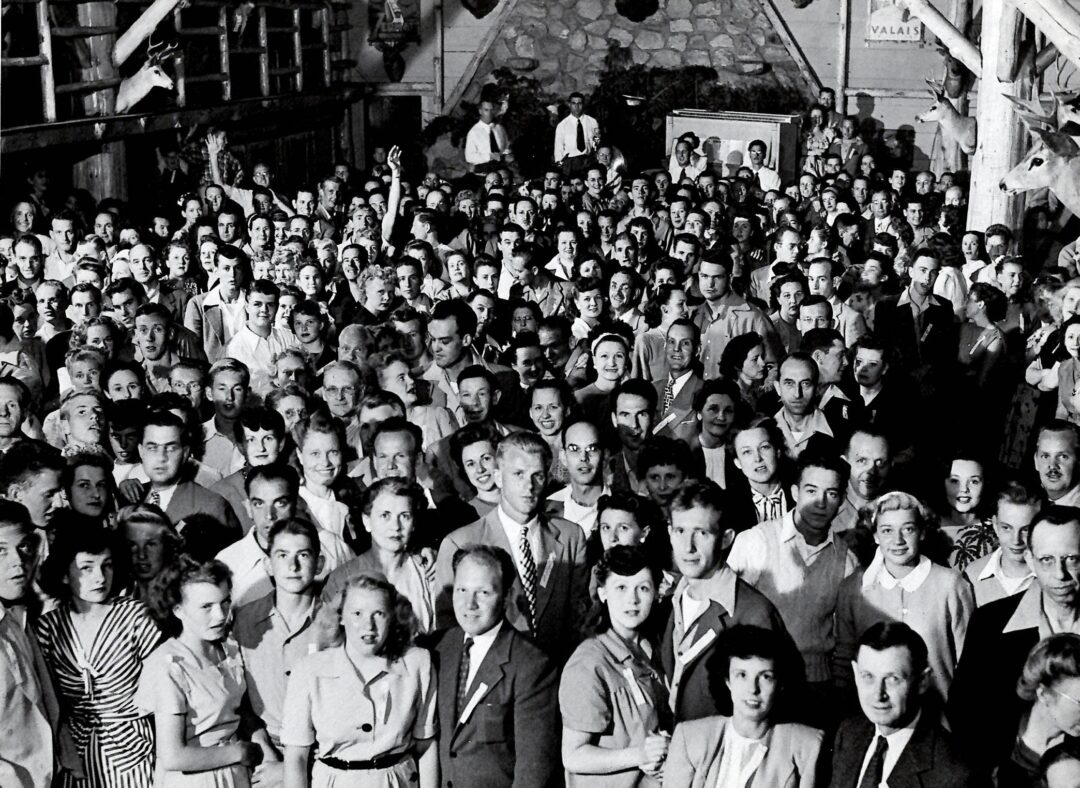 June: The interior of the Club San Moritz Lodge in Valley of the Moon filled with dancers circa 1947.