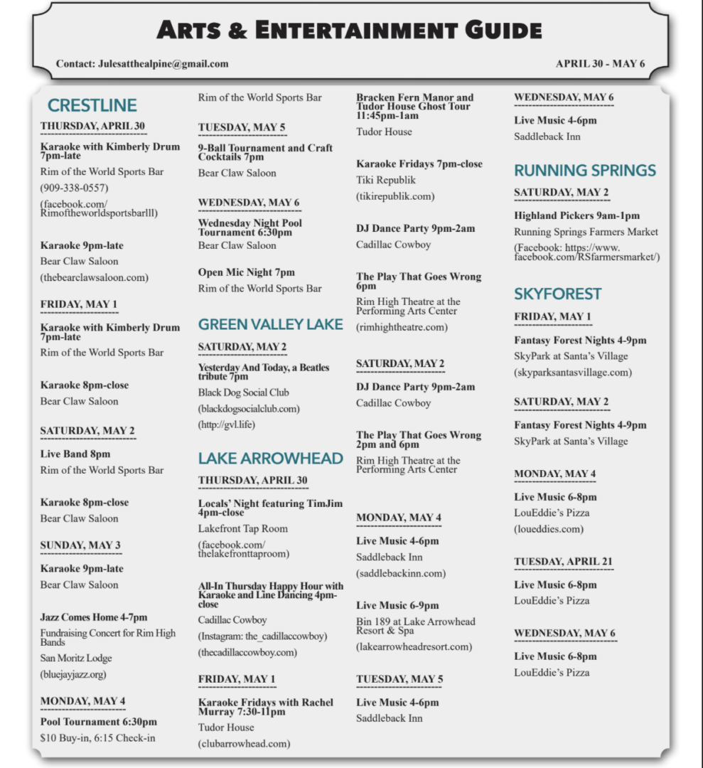 Arts and Entertainment Guide, April 30 - May 6 events.