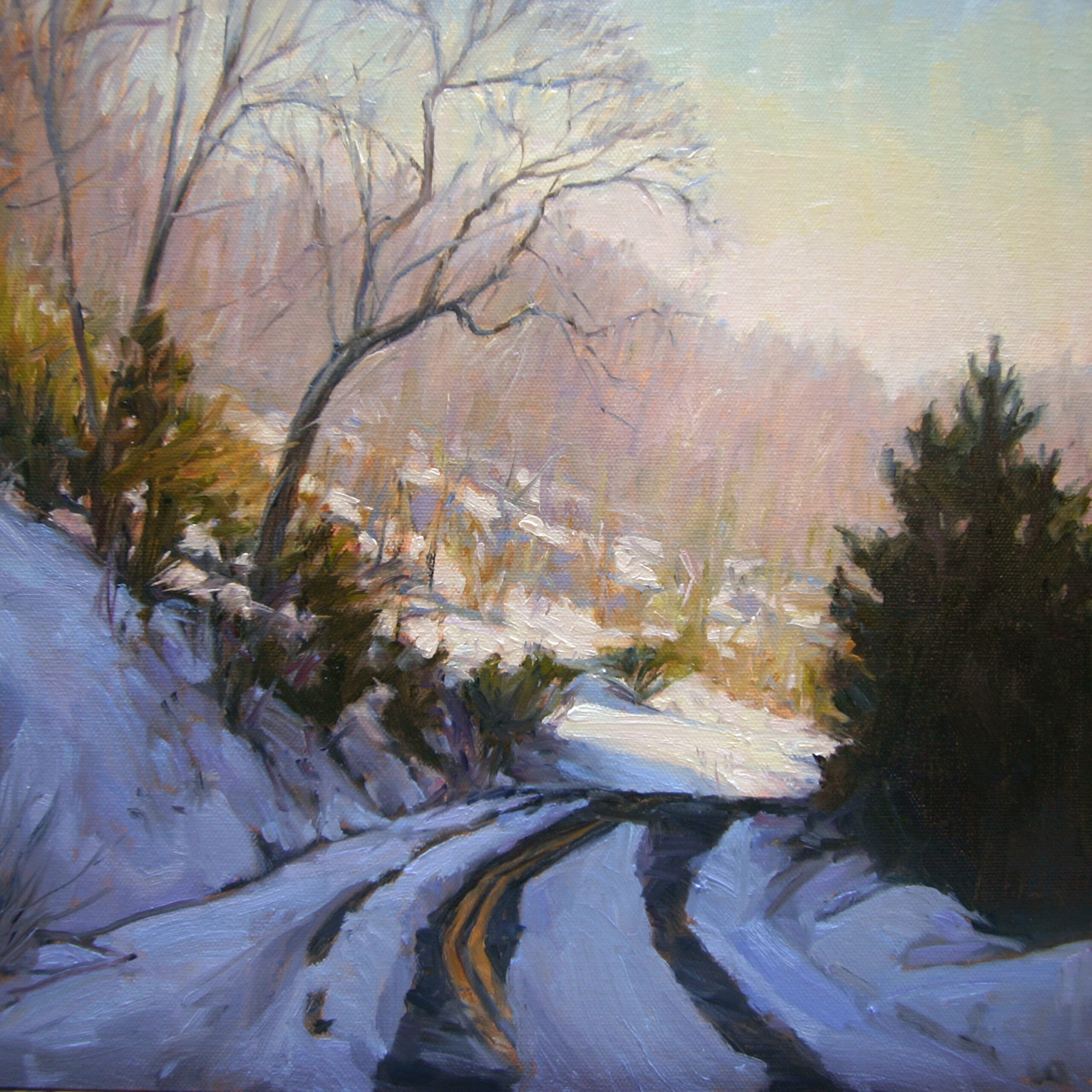 Impressionist winter landscape with snow and bare trees