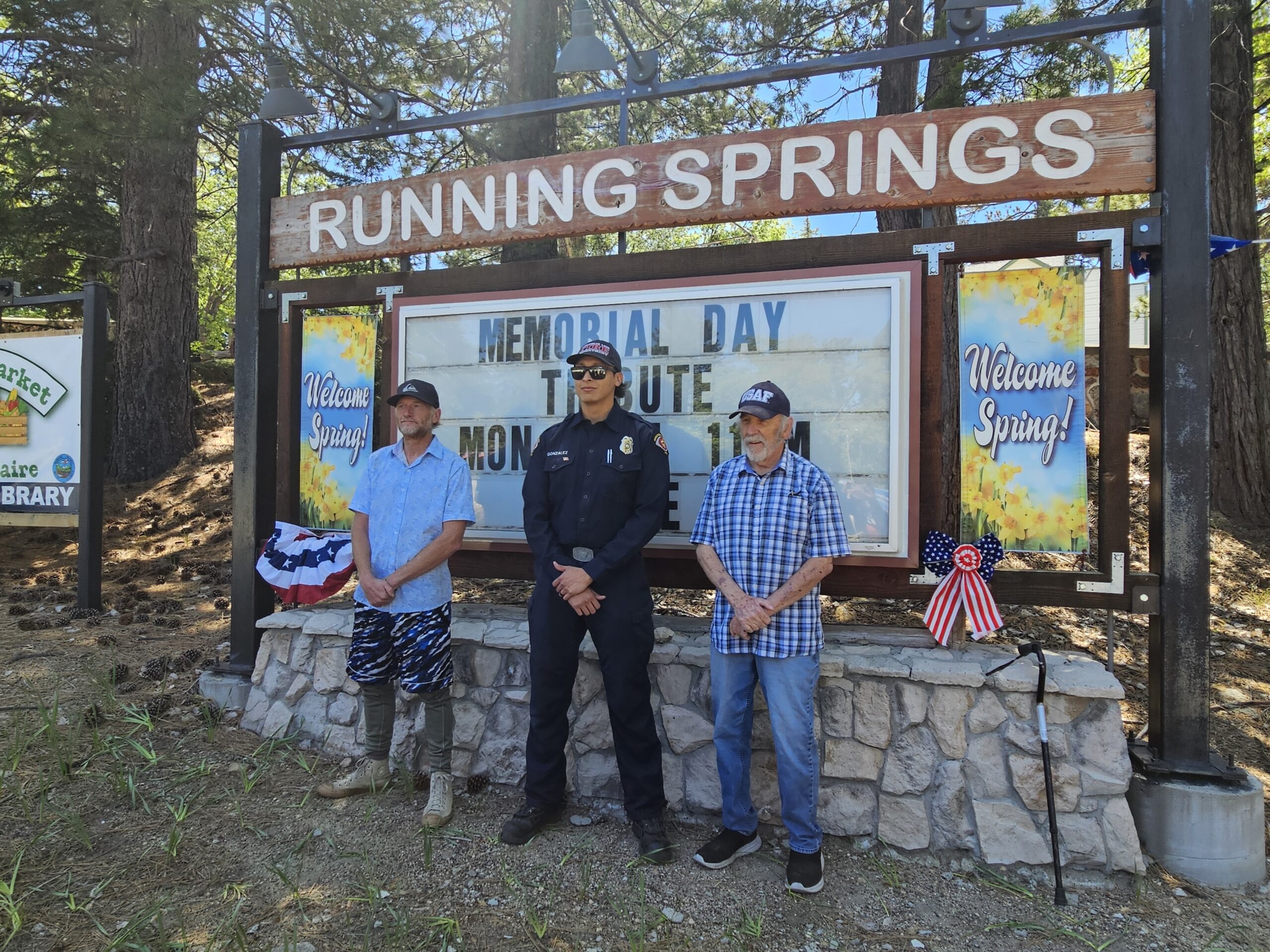 These veterans – James Van Velzer, Adrian Gonzalez and Steve Peter – were recognized at the Running Spring Memorial Day observance. (Photo by Mary-Justine Lanyon)