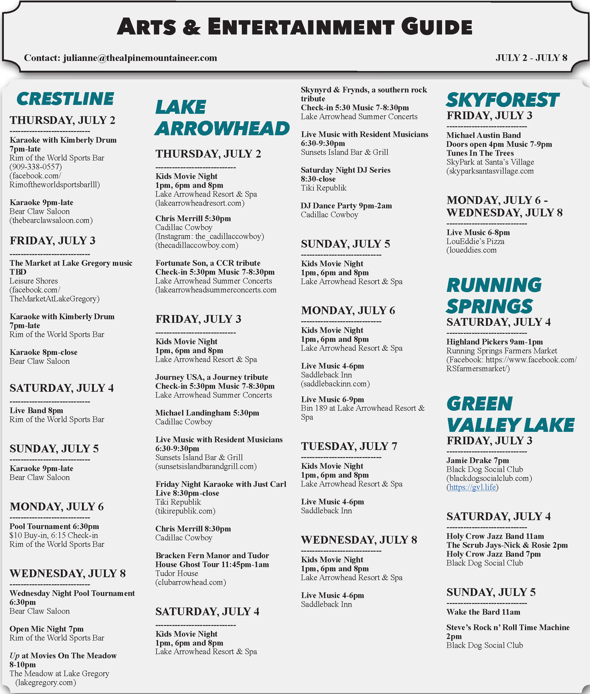 Arts and Entertainment Guide event listings July 2-8