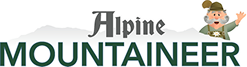Alpine Mountaineer logo with cartoon hiker