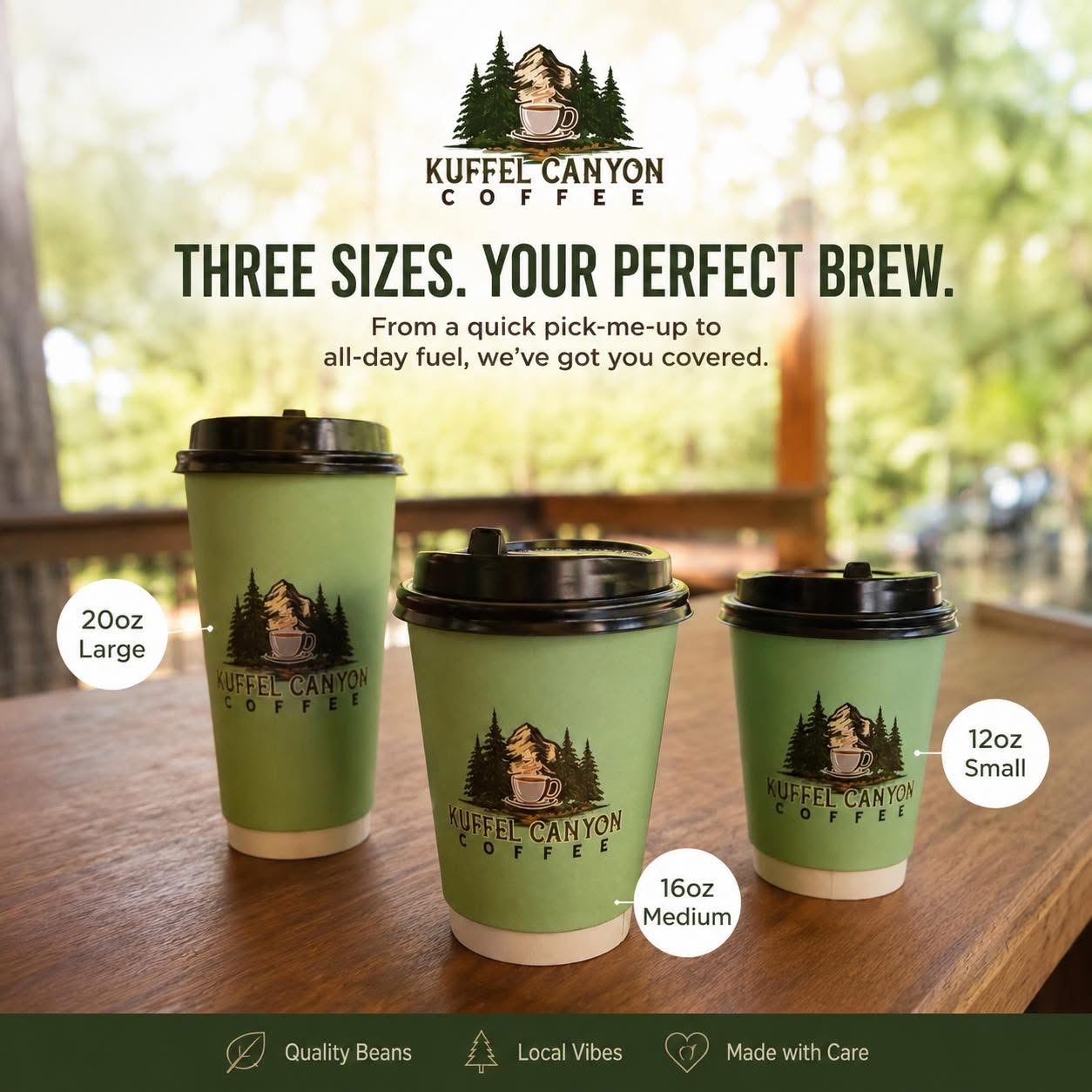 Three Kuffel Canyon coffee cups in different sizes